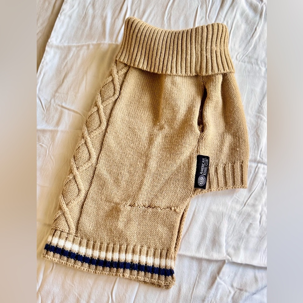 Tan Cable Knit Dog Sweater w Blue & White Stripes & Turtleneck - Picture 7 of 13
